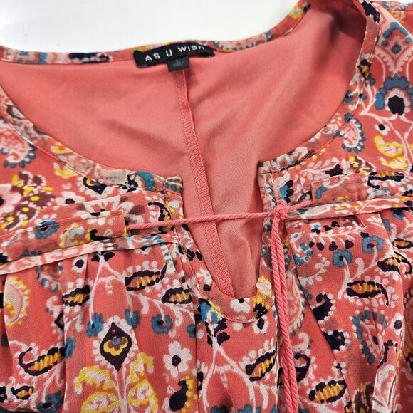 AS U Wish Sz L Peasant Tunic Dress Peach Navy POCKETS Hippie Boho Festival 3/4sl - Picture 11 of 16